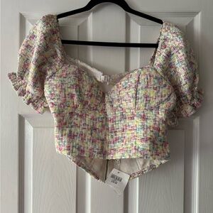 Multicolor Tweed Puff Sleeve Crop Top